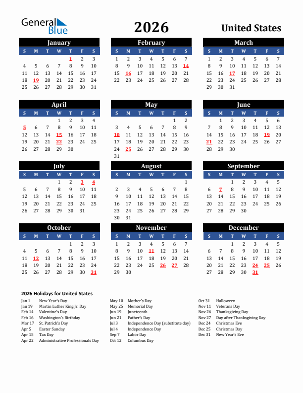 2026 United States Calendar with Holidays