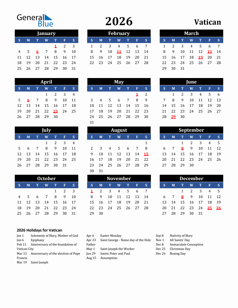 2026 Vatican Holiday Calendar