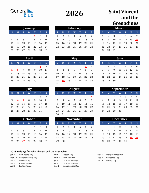 2026 Saint Vincent and the Grenadines Holiday Calendar