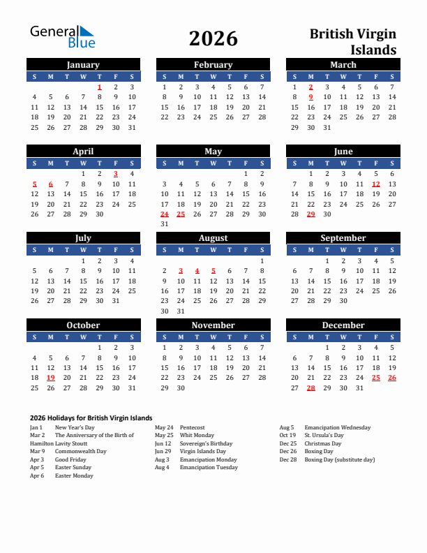 2026 British Virgin Islands Holiday Calendar