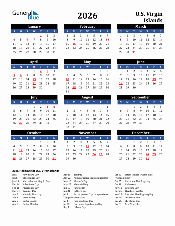 2026 U.S. Virgin Islands Holiday Calendar