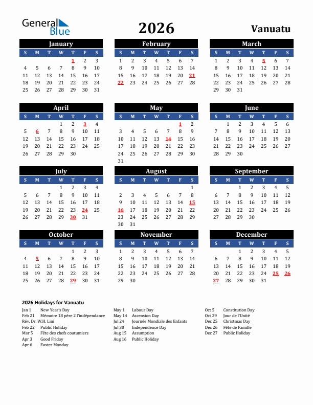 2026 Vanuatu Holiday Calendar