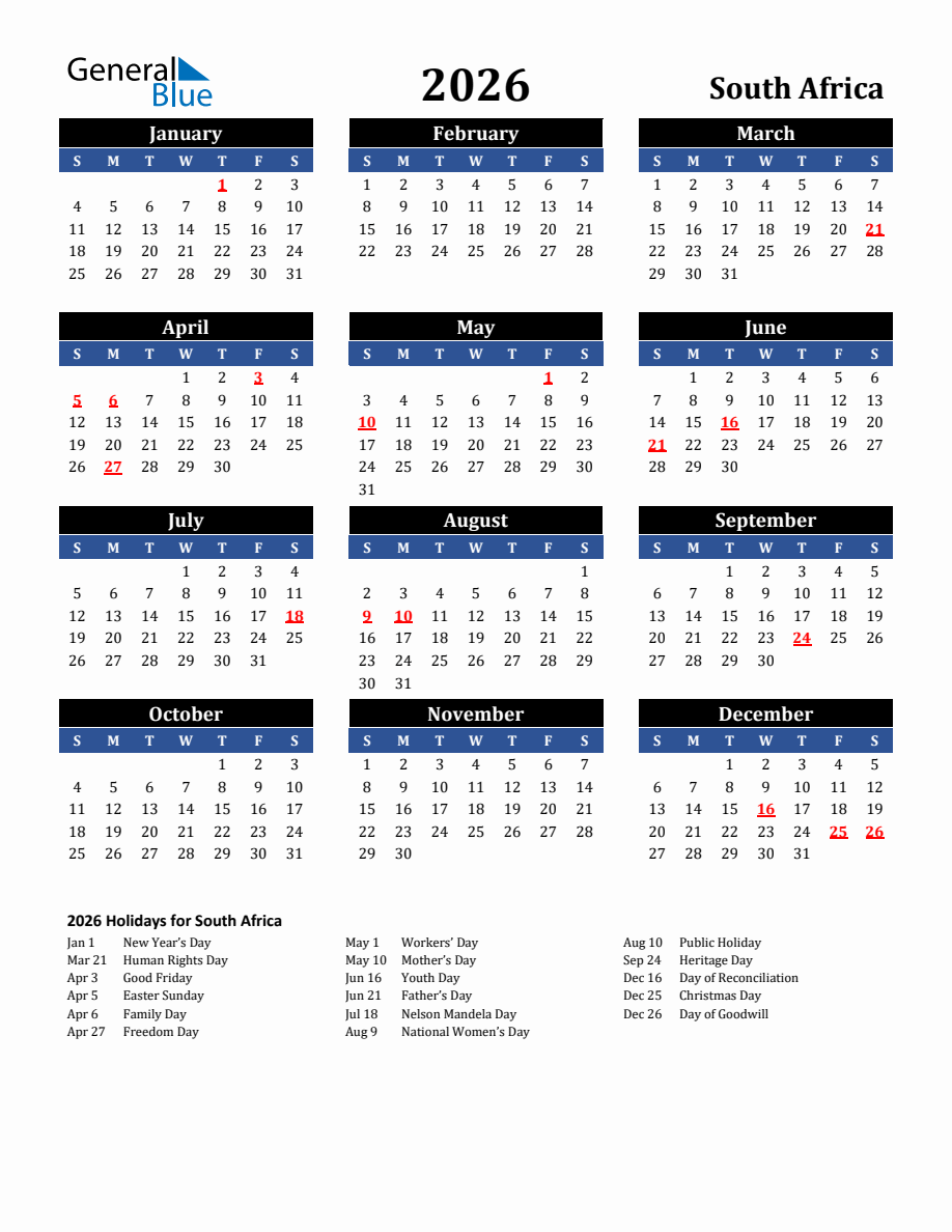 2026 South Africa Holiday Calendar
