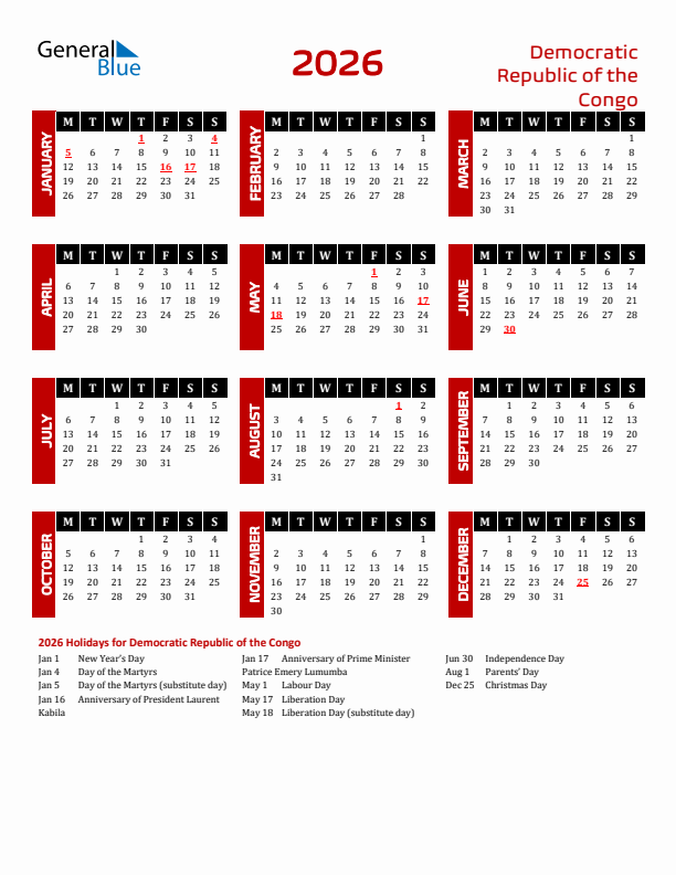 Download Democratic Republic of the Congo 2026 Calendar - Monday Start