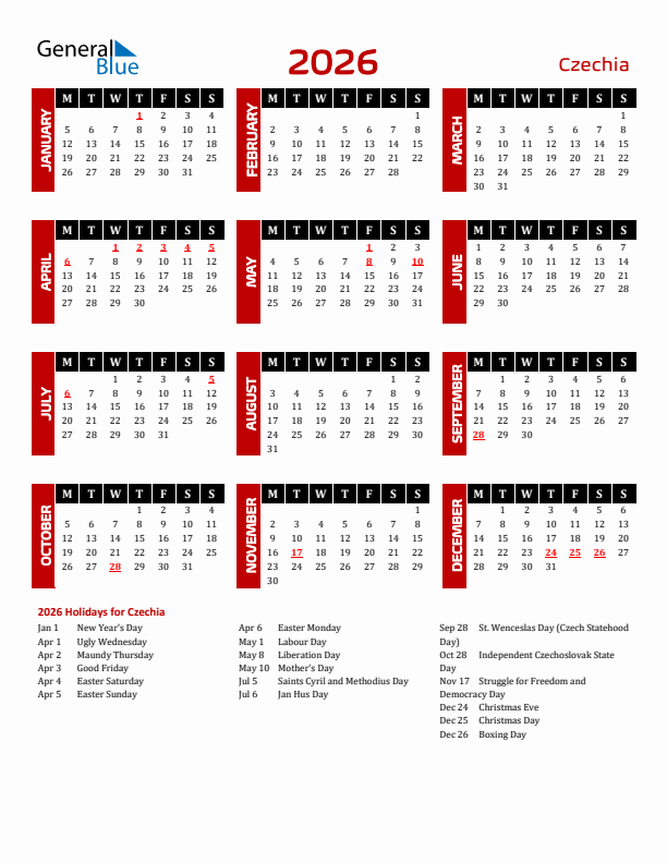 Download Czechia 2026 Calendar - Monday Start