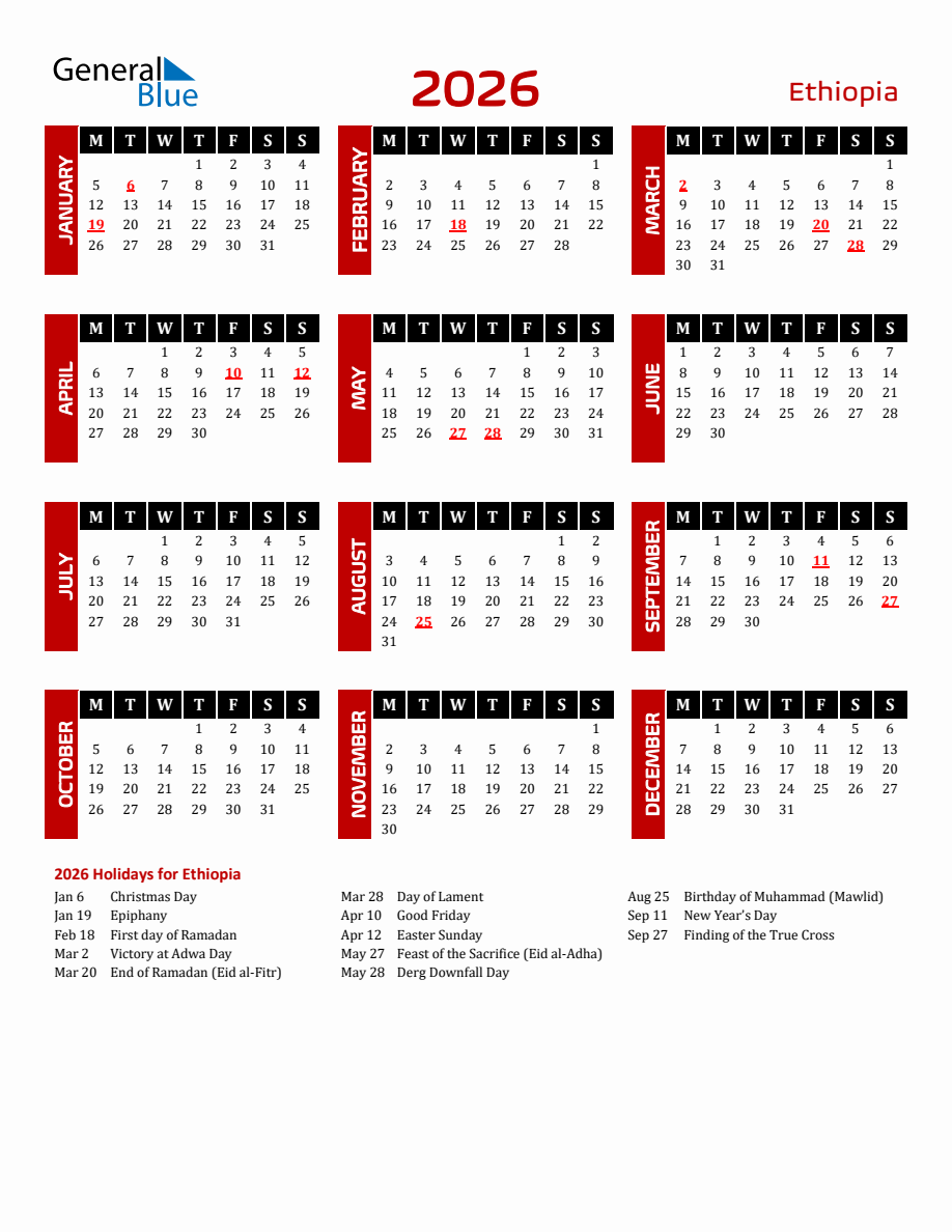 Ethiopia 2026 Yearly Calendar Downloadable - Monday Start