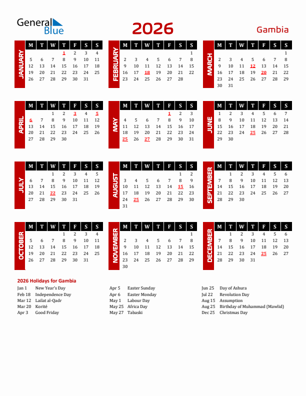 Download Gambia 2026 Calendar - Monday Start