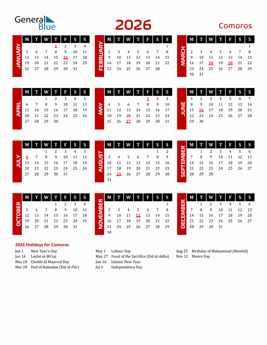 Comoros 2026 Yearly Calendar Downloadable - Monday Start