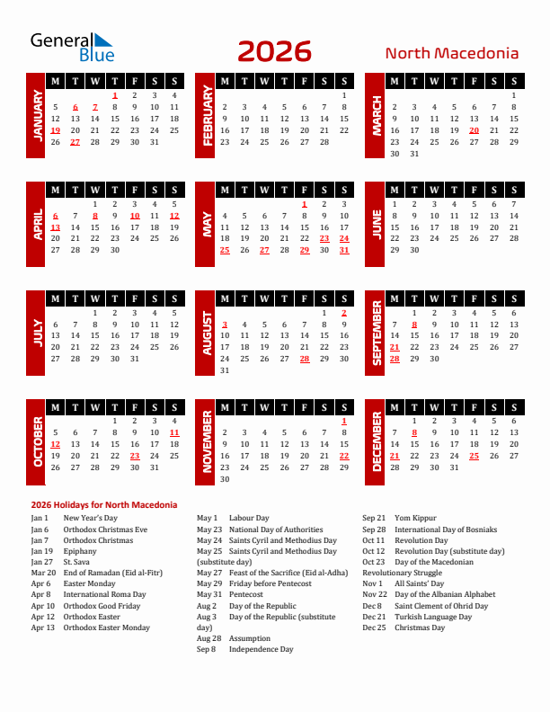 Download North Macedonia 2026 Calendar - Monday Start