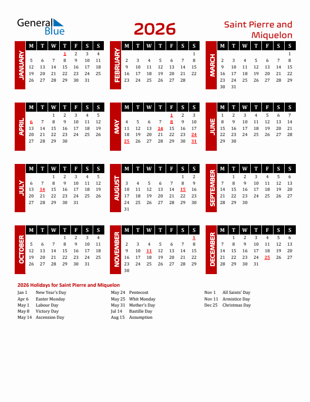 Download Saint Pierre and Miquelon 2026 Calendar - Monday Start