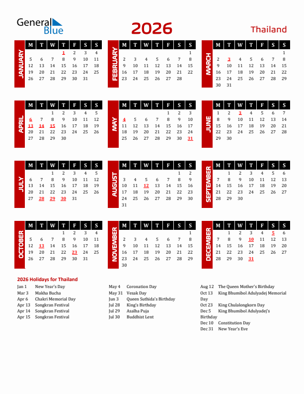 Download Thailand 2026 Calendar - Monday Start