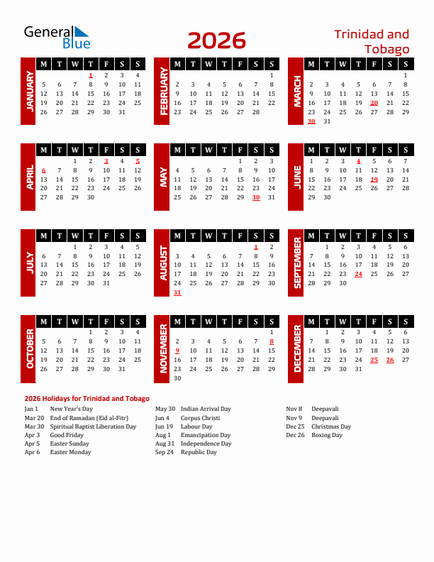 Download Trinidad and Tobago 2026 Calendar - Monday Start