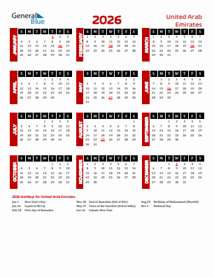 United Arab Emirates current year calendar 2026 with holidays