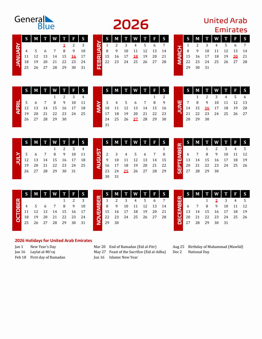 United Arab Emirates 2026 Yearly Calendar Downloadable