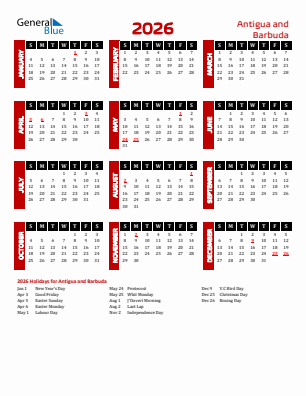 Antigua and Barbuda current year calendar 2026 with holidays