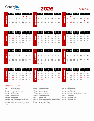 Albania current year calendar 2026 with holidays