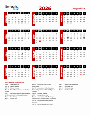 Argentina current year calendar 2026 with holidays