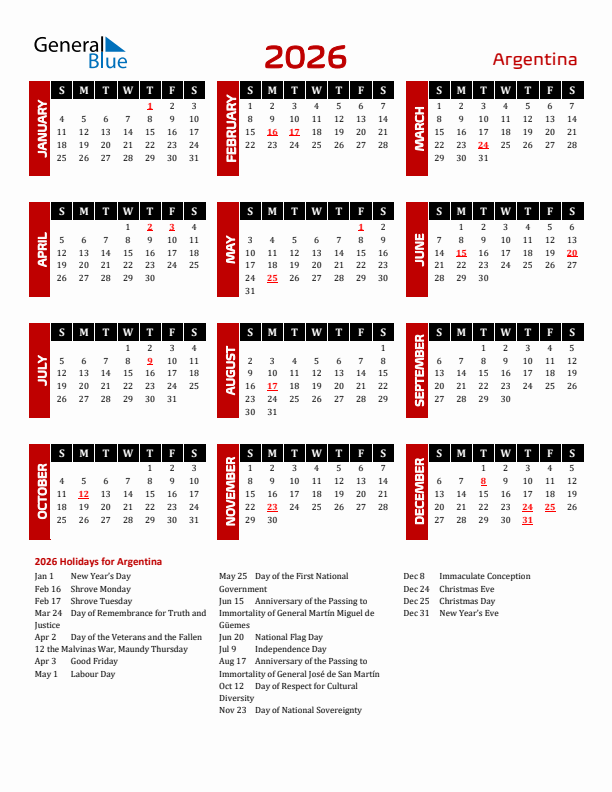 Download Argentina 2026 Calendar - Sunday Start
