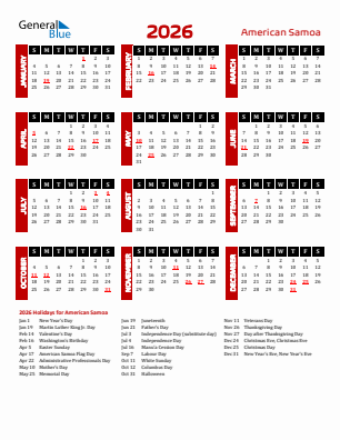 American Samoa current year calendar 2026 with holidays
