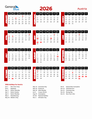 Austria current year calendar 2026 with holidays