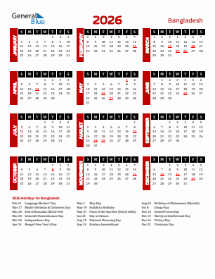Bangladesh current year calendar 2026 with holidays