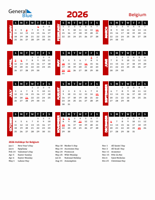 Belgium current year calendar 2026 with holidays