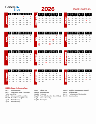 Burkina Faso current year calendar 2026 with holidays