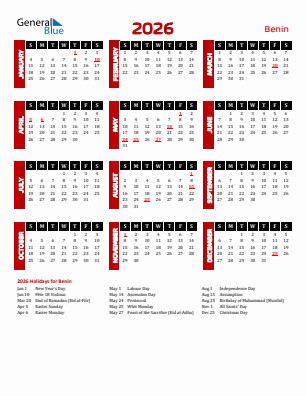 Benin current year calendar 2026 with holidays