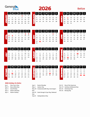 Belize current year calendar 2026 with holidays