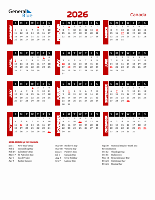 Canada current year calendar 2026 with holidays