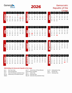 Democratic Republic of the Congo current year calendar 2026 with holidays