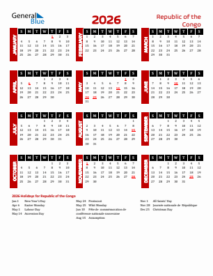 Republic of the Congo current year calendar 2026 with holidays