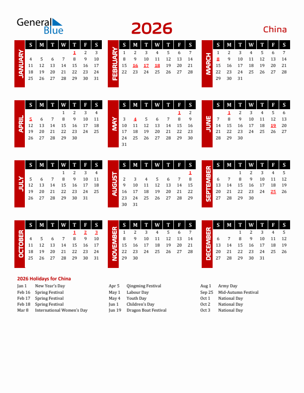 China 2026 Yearly Calendar Downloadable