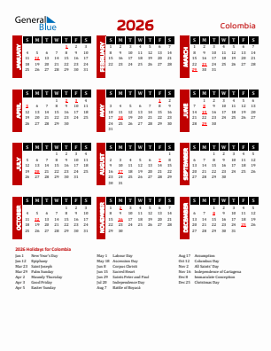 Colombia current year calendar 2026 with holidays