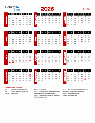 Cuba current year calendar 2026 with holidays