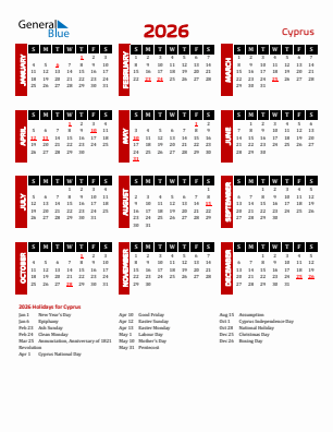 Cyprus current year calendar 2026 with holidays