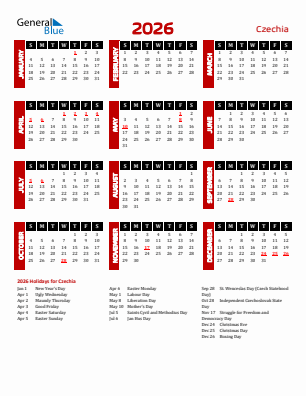 Czechia current year calendar 2026 with holidays