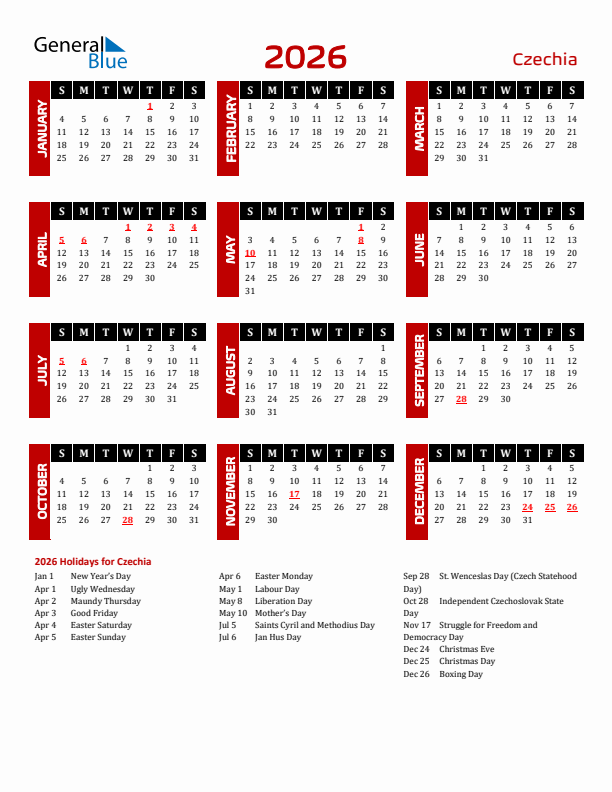 Download Czechia 2026 Calendar - Sunday Start