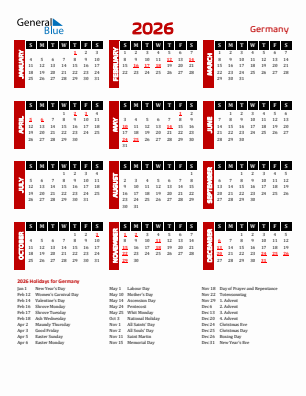Germany current year calendar 2026 with holidays