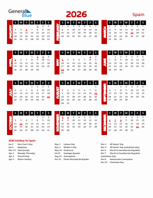 Spain current year calendar 2026 with holidays