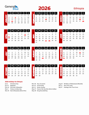 Ethiopia current year calendar 2026 with holidays
