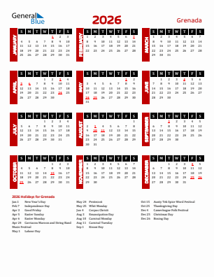 Grenada current year calendar 2026 with holidays