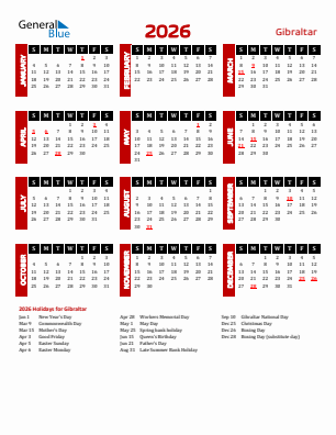 Gibraltar current year calendar 2026 with holidays