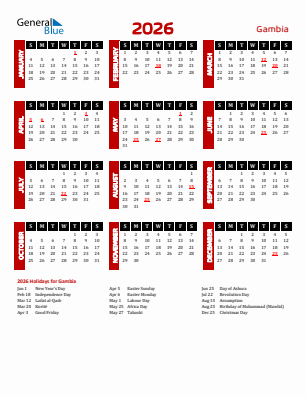 Gambia current year calendar 2026 with holidays
