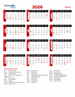 Guam current year calendar 2026 with holidays