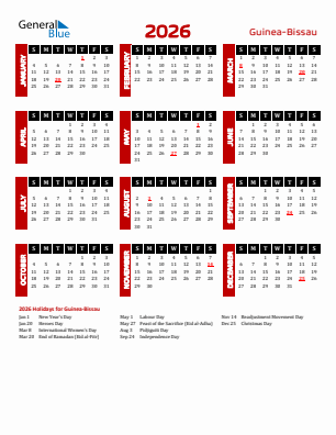 Guinea-Bissau current year calendar 2026 with holidays