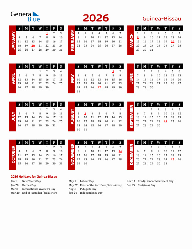 Download Guinea-Bissau 2026 Calendar - Sunday Start