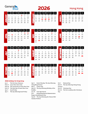 Hong Kong current year calendar 2026 with holidays