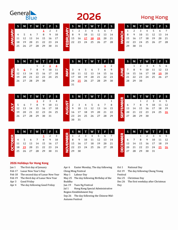 Download Hong Kong 2026 Calendar - Sunday Start