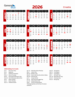 Croatia current year calendar 2026 with holidays
